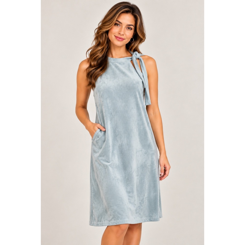 Design Lab Faux Suede Dress Blue Tie Neck Shift Minimalist Modern Chic Medium - Picture 6 of 11
